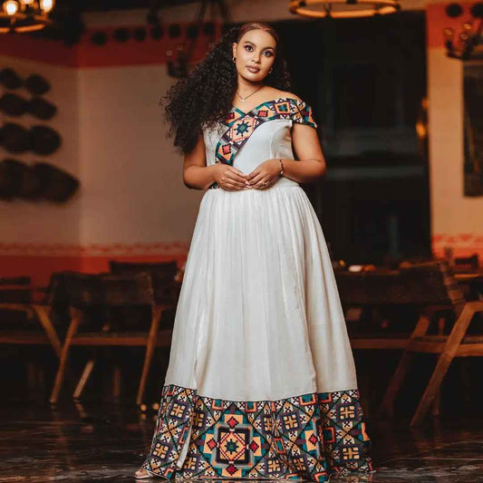 Geometric Pattern Modern Habesha Dress for Women - Stylish White Zuria, Contemporary Traditional Habesha Kemis