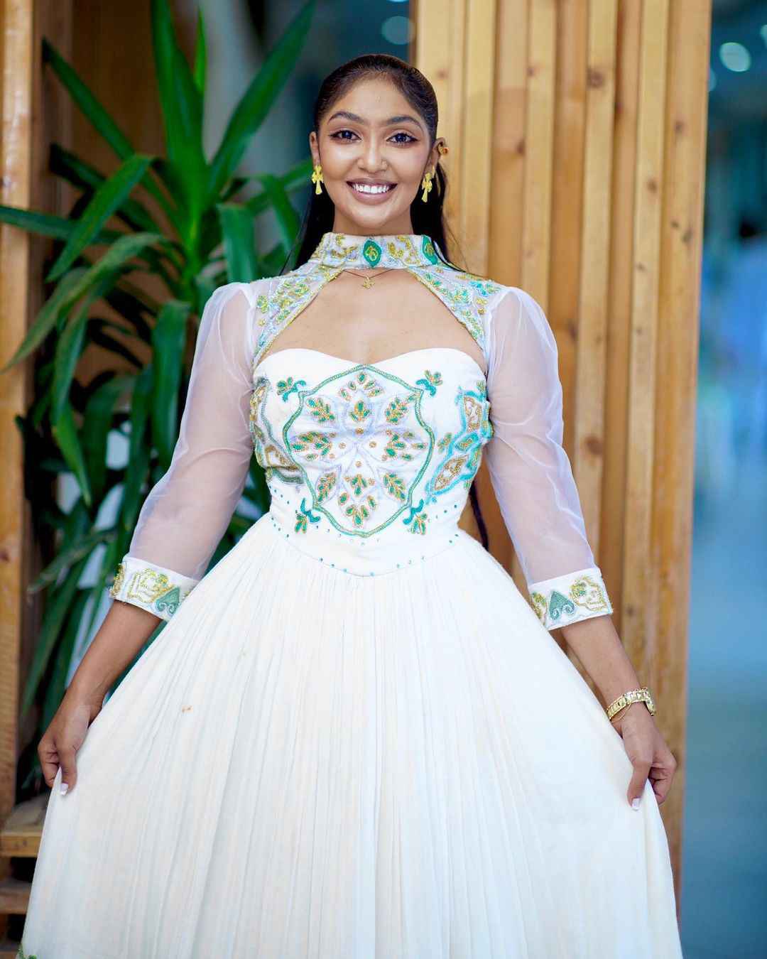 Embroidered High-Neck White Habesha Gown - Elegant Ethiopian Dress for Women, Zuria-Inspired Bezawit