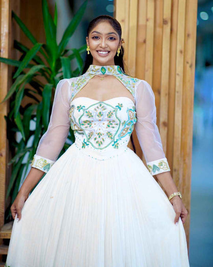 Embroidered High-Neck White Habesha Gown - Elegant Ethiopian Dress for Women, Zuria-Inspired Bezawit