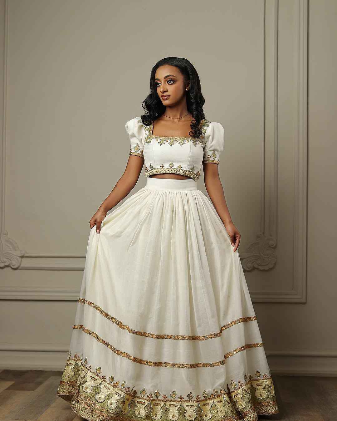 Two-Stirps Gold Embroidered Habesha - Modern Ethiopian Dress for Women, Zuria-Inspired Bezawit