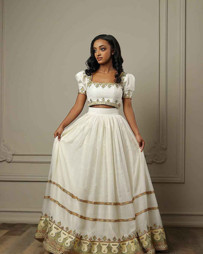 Two-Stirps Gold Embroidered Habesha - Modern Ethiopian Dress for Women, Zuria-Inspired Bezawit