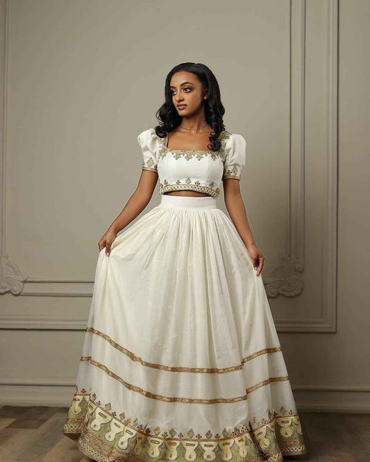 Two-Stirps Gold Embroidered Habesha - Modern Ethiopian Dress for Women, Zuria-Inspired Bezawit
