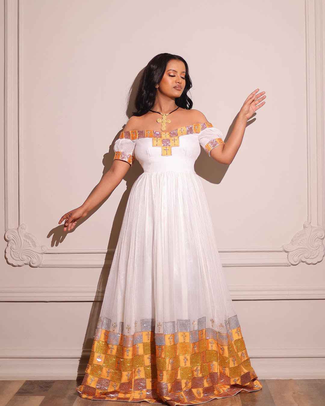 Golden &Silver Festive Habesha Dress - Traditional Ethiopian Dress, Zuria Style Habesha Kemis Bezawit