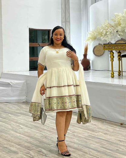 Modern Short White Habesha Dress - Contemporary Ethiopian Dress for Women Bezawit