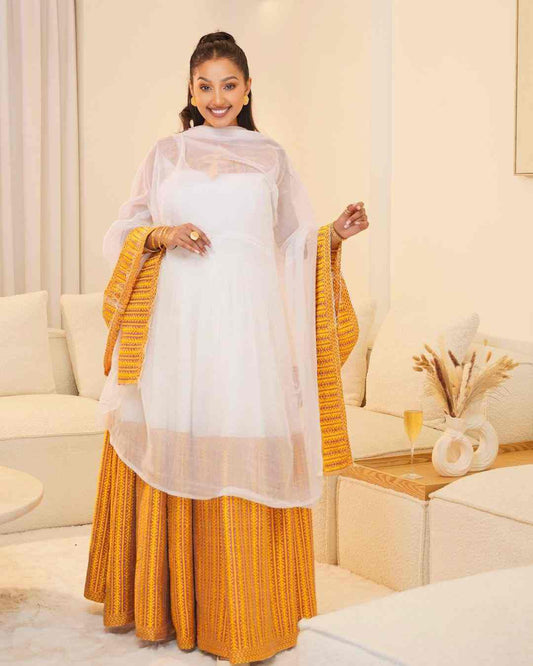 Flowing Yellow & White Habesha Dress with Sheer Shawl - Traditional Ethiopian Attire, Zuria Style