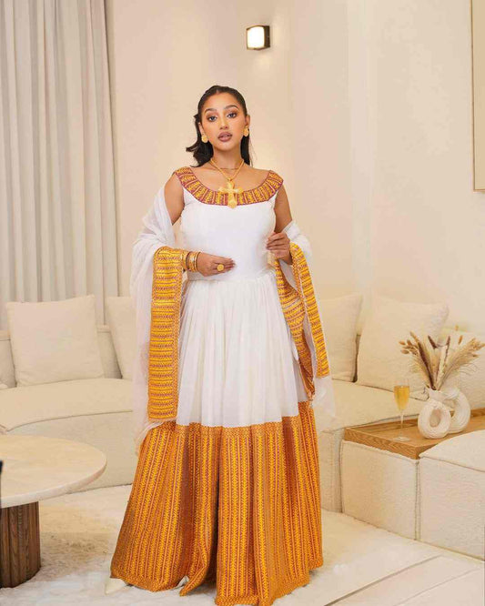 Flowing Yellow & White Habesha Dress with Sheer Shawl - Traditional Ethiopian Attire, Zuria Style Bezawit