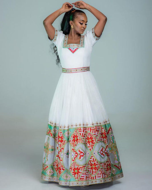 Vibrant Red & Green Ethiopian Habesha Kemis Dress - Handmade White Zuria with Colored Borders Bezawit