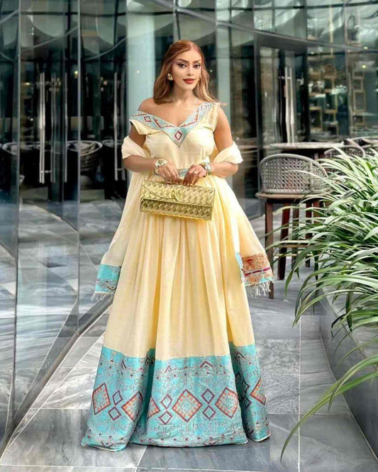 Elegant Modern Habesha Dress for Women - Stylish Yellow & Blue Ethiopian Cultural Attire