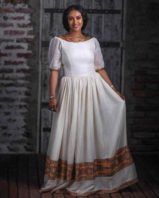 Traditional Ethiopian Dress in Cream with Red Patterns Bezawit