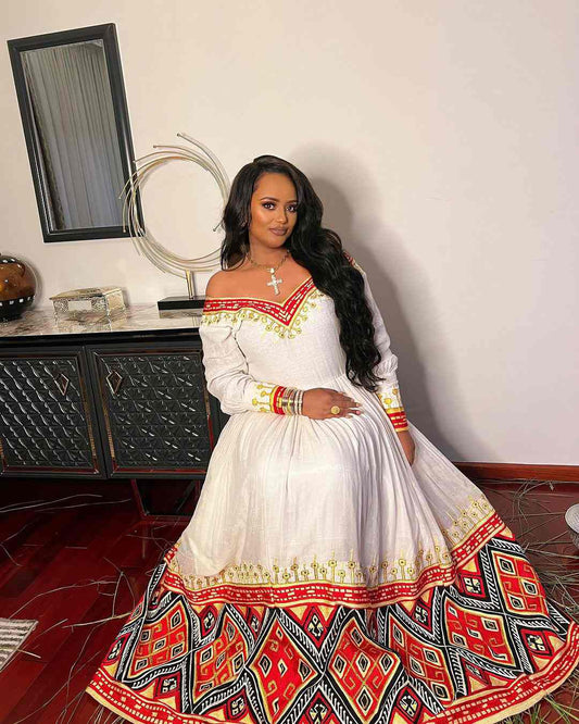Sophisticated Red & White Habesha Kemis - Traditional Ethiopian Wedding Dress Bezawit
