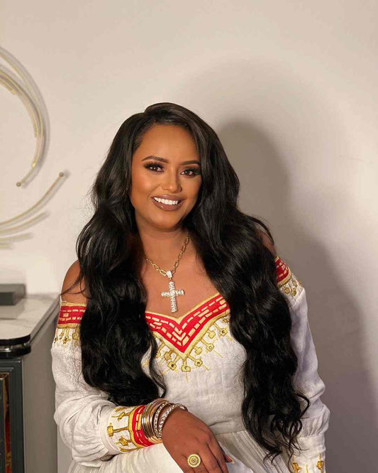 Sophisticated Red & White Habesha Kemis - Traditional Ethiopian Wedding Dress Bezawit