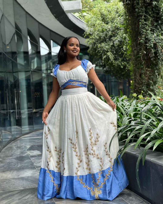 Chic Blue Habesha Dress - Contemporary Ethiopian Zuria with Geometric Patterns