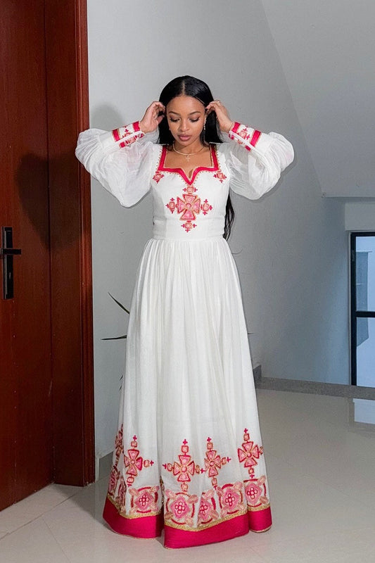 Red Habesha Kemis – Refined Handwoven Dress with Tilf Embroidery for Sunday Church Service