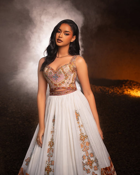 Luxiourous Gold Habesha Libs – Vibrant Ethiopian Outfit for Special Ceremonies