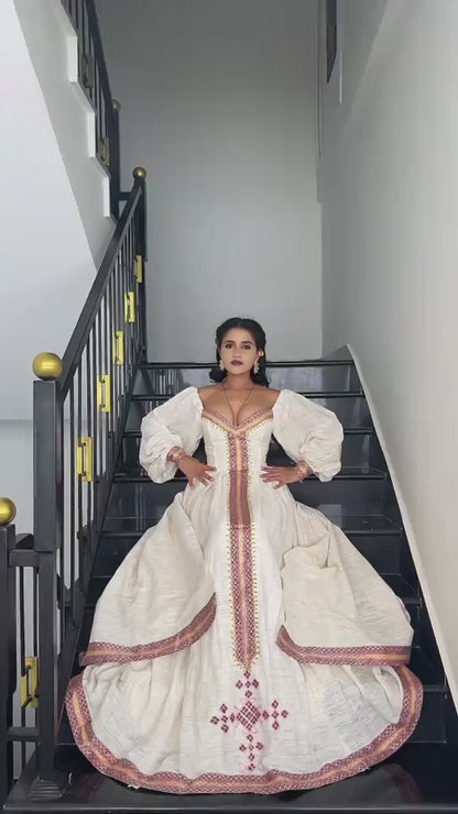 RAHELA Fitted Ethiopian kemis | Traditional Habesha Kemis | pink