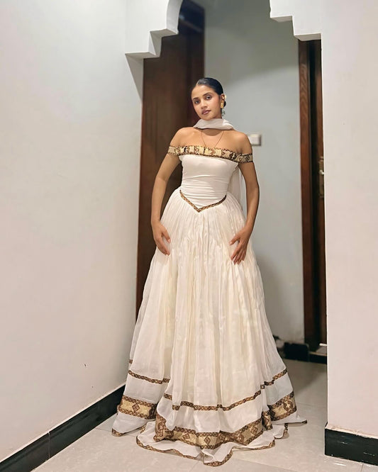 RAHELA White & Gold Off-Shoulder Ethiopian Kemis | Modern habesha dress