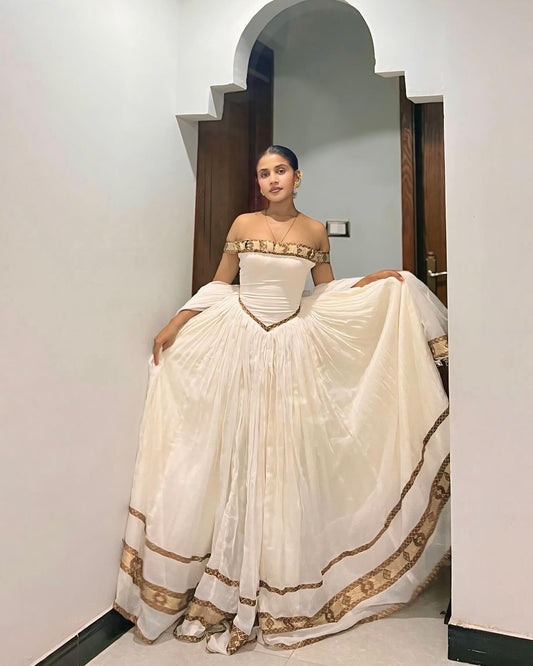 RAHELA White & Gold Off-Shoulder Ethiopian Kemis | Modern habesha dress