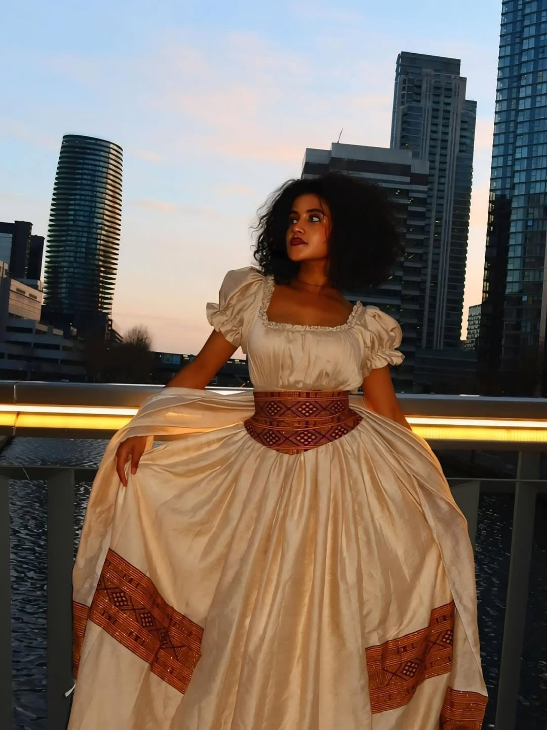 Brown Habesha Libs– Romantic Ethiopian Traditional Dress with Puff Sleeves and Elegant Tibeb Embroidery for Weddings and Formal Celebrations