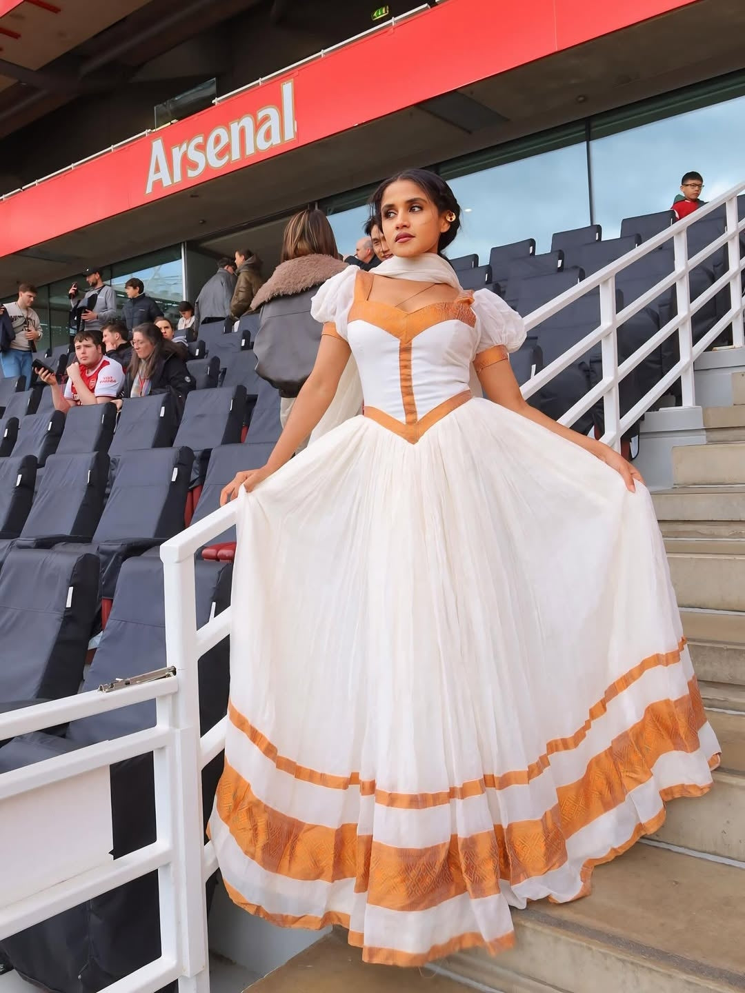 Golden-Trim Habesha Kemis – Chic Ethiopian White Dress with Handcrafted Netela Embroidery for Graduations, Engagements, and Wedding Celebrations