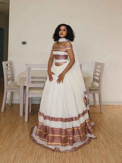 Pink Ethiopian Traditional Dress – Modern Off-Shoulder Habesha Kemis for Weddings & Special Occasions