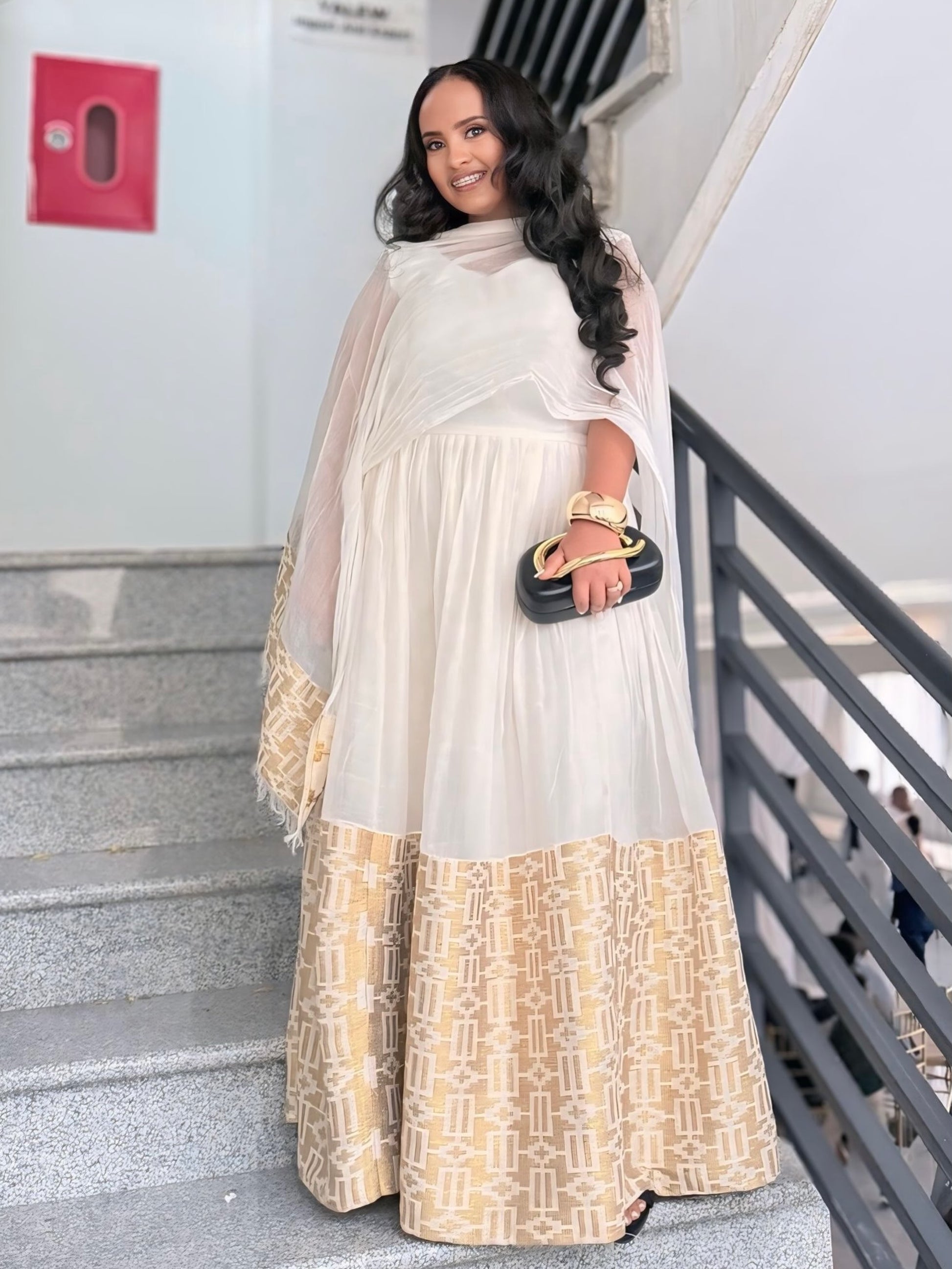 Gold Ethiopian Dress Handwoven Cotton Wide Tibeb Design for Weddings