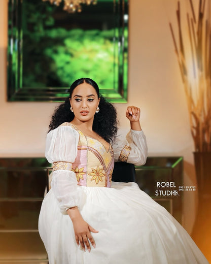 Gold Floral Habesha Dress – Elegant Bishop-Sleeve Ethiopian dress for Weddings & Special Occasions