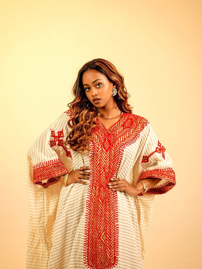 Red Tilf Ethiopian Traditional Dress – Elegant Habesha Dress with Intricate Tibeb for Weddings, Cultural Celebrations, and Special Occasions