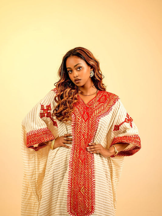 Red Tilf Ethiopian Traditional Dress – Elegant Habesha Dress with Intricate Tibeb for Weddings, Cultural Celebrations, and Special Occasions