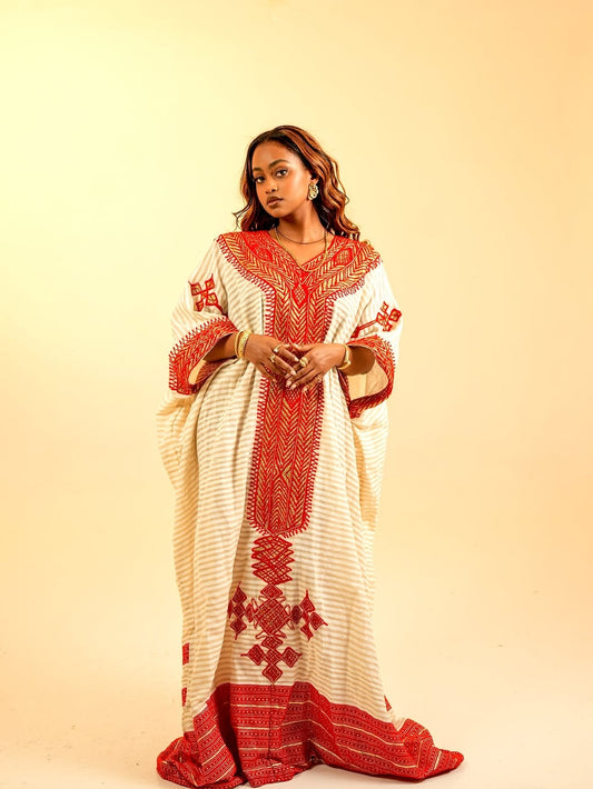 Red Tilf Ethiopian Traditional Dress – Elegant Habesha Dress with Intricate Tibeb for Weddings, Cultural Celebrations, and Special Occasions