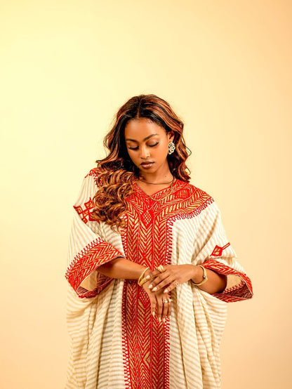 Red Tilf Ethiopian Traditional Dress – Elegant Habesha Dress with Intricate Tibeb for Weddings, Cultural Celebrations, and Special Occasions