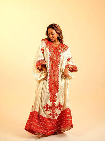 Red Tilf Ethiopian Traditional Dress – Elegant Habesha Dress with Intricate Tibeb for Weddings, Cultural Celebrations, and Special Occasions