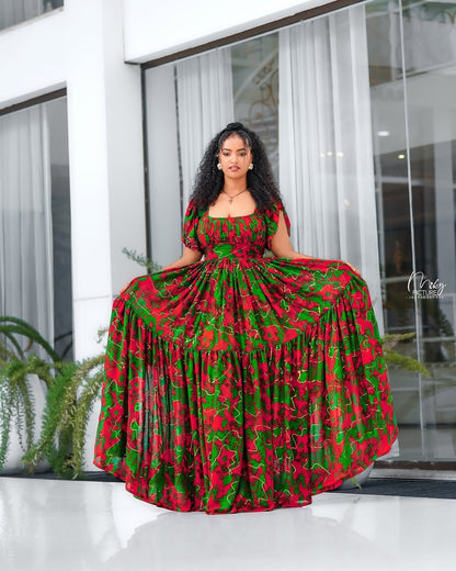 Red Habesha Shiffon – Flowing Ethiopian shiffon Dress for Weddings, Cultural Celebrations, and Elegant Special Occasions