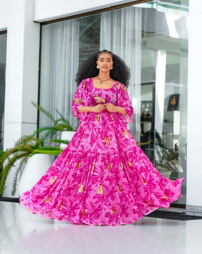 pink chiffon dress with sleeves Habesha – modern Ethiopian Traditional Dress B – Habesha Dress Store elena peters Size (Mother):XL Light Sky Blue Lace securing the wrap silhouette