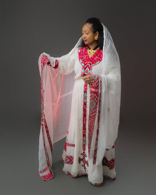 Red Ethiopian Traditional Dress – Elegant Handcrafted Habesha Outfit with Detailed Tilf Embroidery for Weddings, Holidays, and Cultural Celebrations