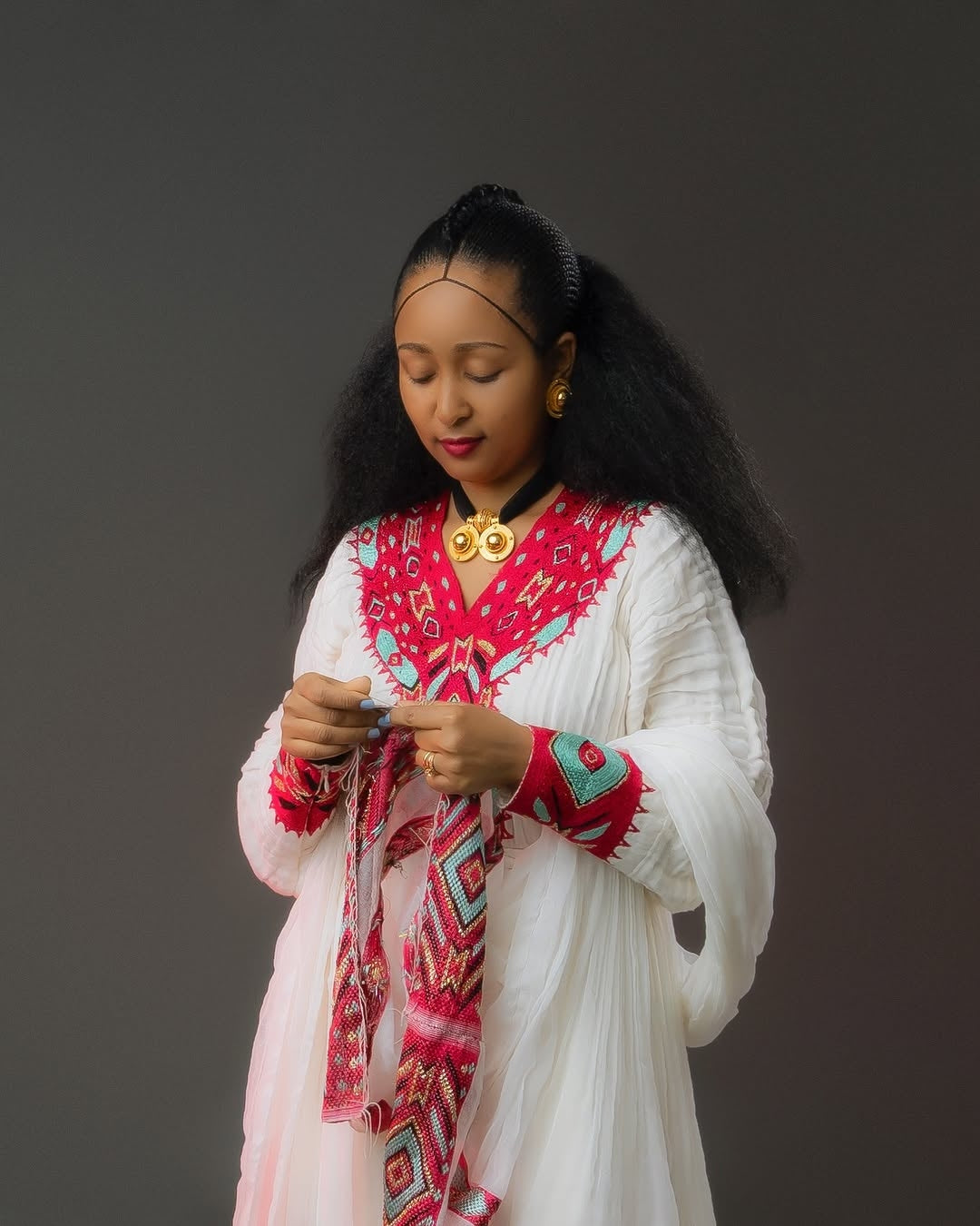 Red Ethiopian Traditional Dress – Elegant Handcrafted Habesha Outfit with Detailed Tilf Embroidery for Weddings, Holidays, and Cultural Celebrations