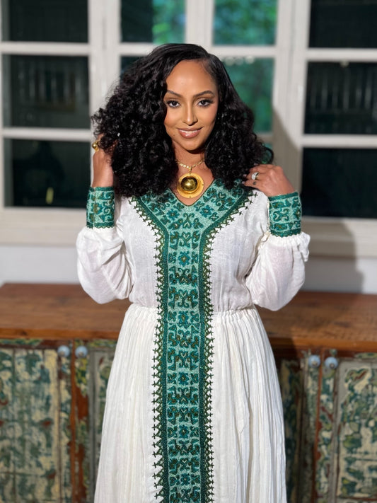 Traditional Green Habesha Kemis with Intricate Tibeb Embroidery & Matching Netela for Weddings and Cultural Celebrations