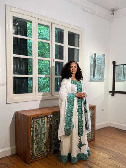 Traditional Green Habesha Kemis with Intricate Tibeb Embroidery & Matching Netela for Weddings and Cultural Celebrations