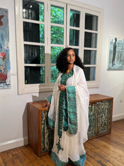 Traditional Green Habesha Kemis with Intricate Tibeb Embroidery & Matching Netela for Weddings and Cultural Celebrations