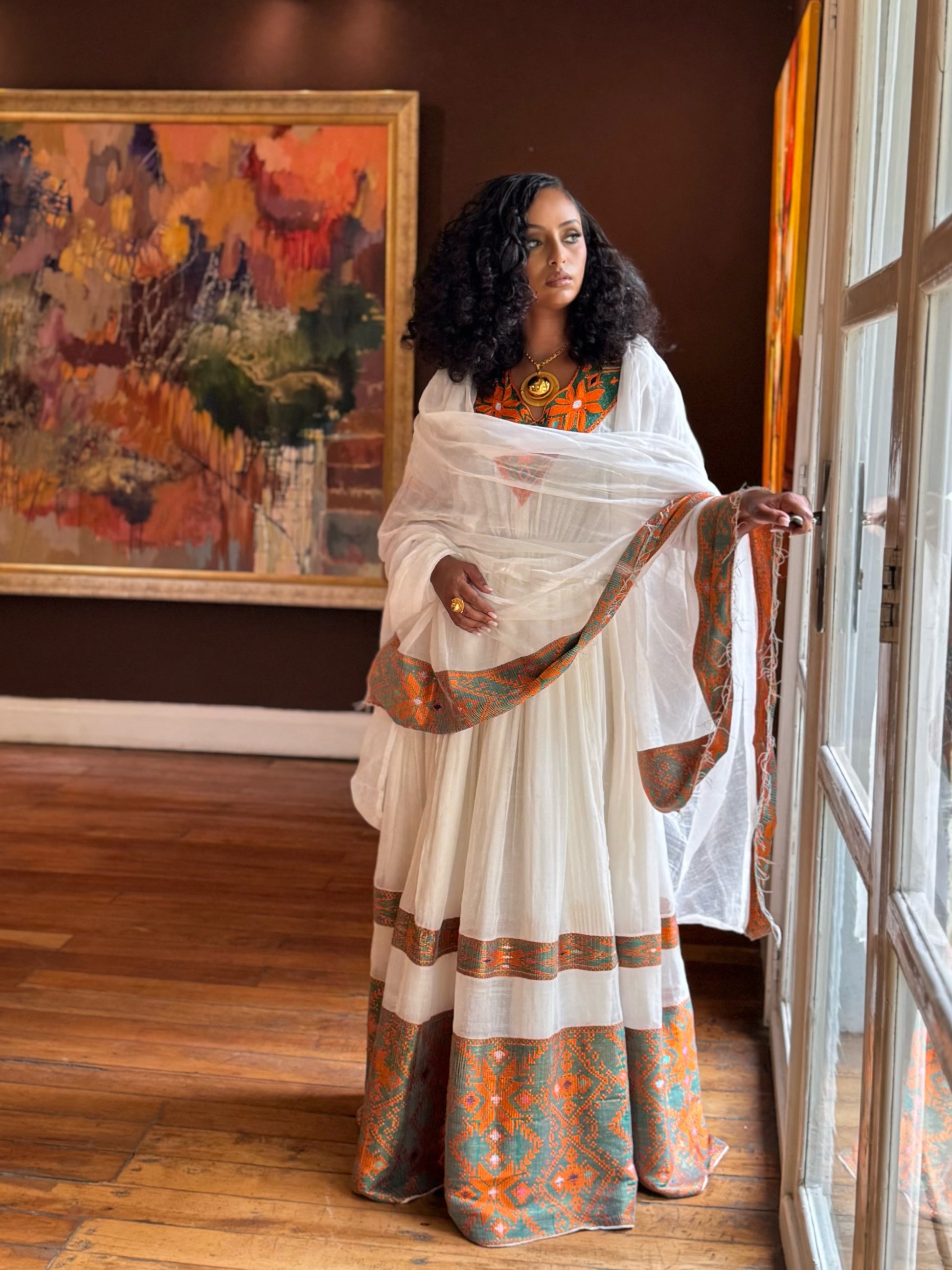 Gold Habesha Kemis Cream Menen Cotton Tilf Ethiopian Dress for Wedding Ceremony