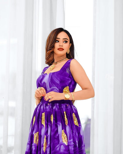 Purple Habesha Chiffon – Lightweight Flowing Ethiopian Chiffon Dress D – Habesha Dress Store