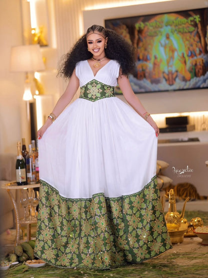 Green Modern Habesha Zuria – Contemporary Ethiopian Dress for Women