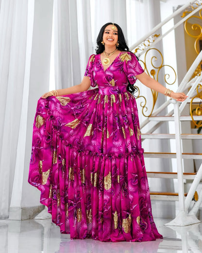 Pink Habesha Chiffon Dress for Weddings and Celebrations – Elegant Ethiopian Chiffon Dress