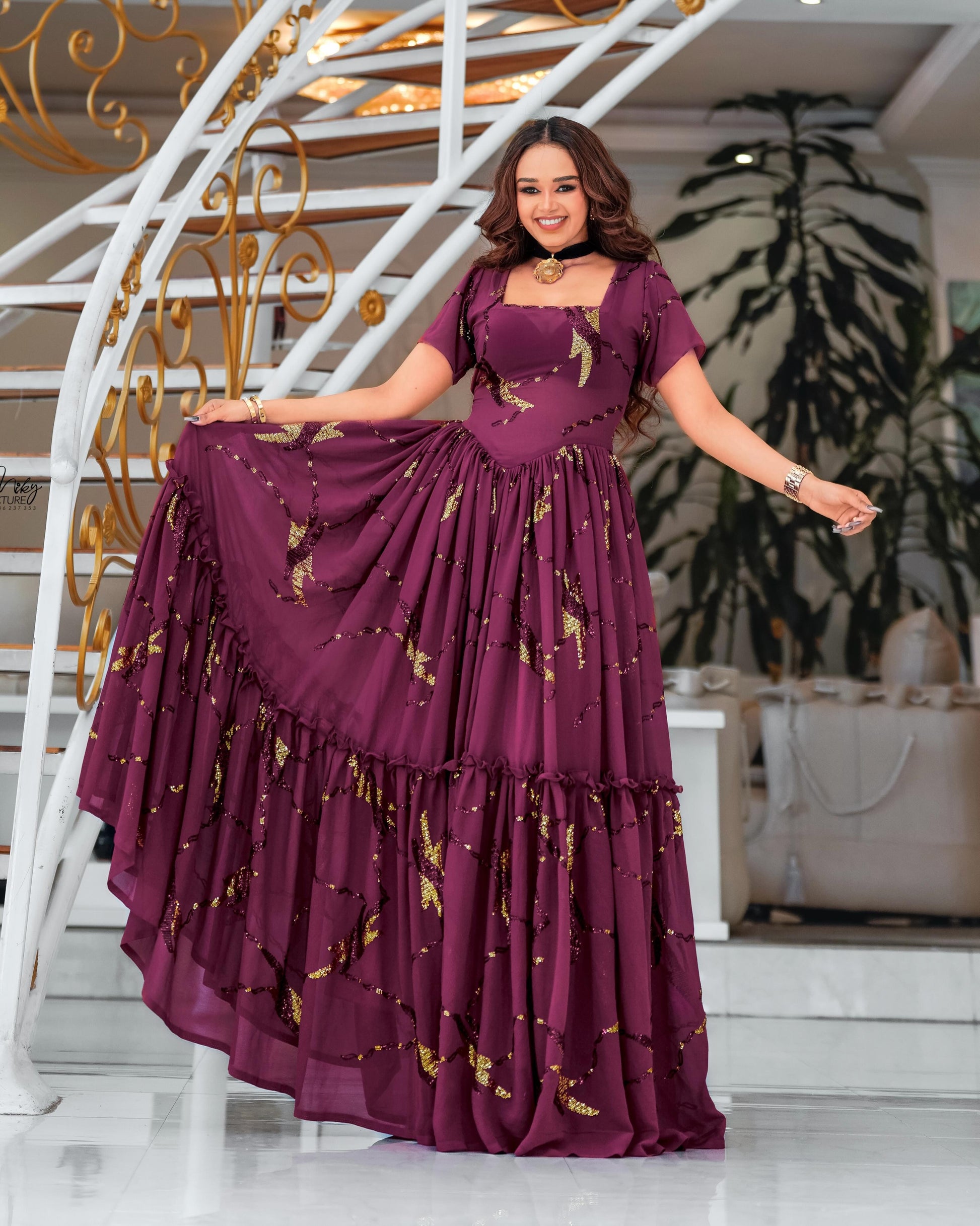 purple ethiopian dress Elegant purple Habesha Chiffon Dress with Shimmer Embellishments for  Weddings & Evening Occasions