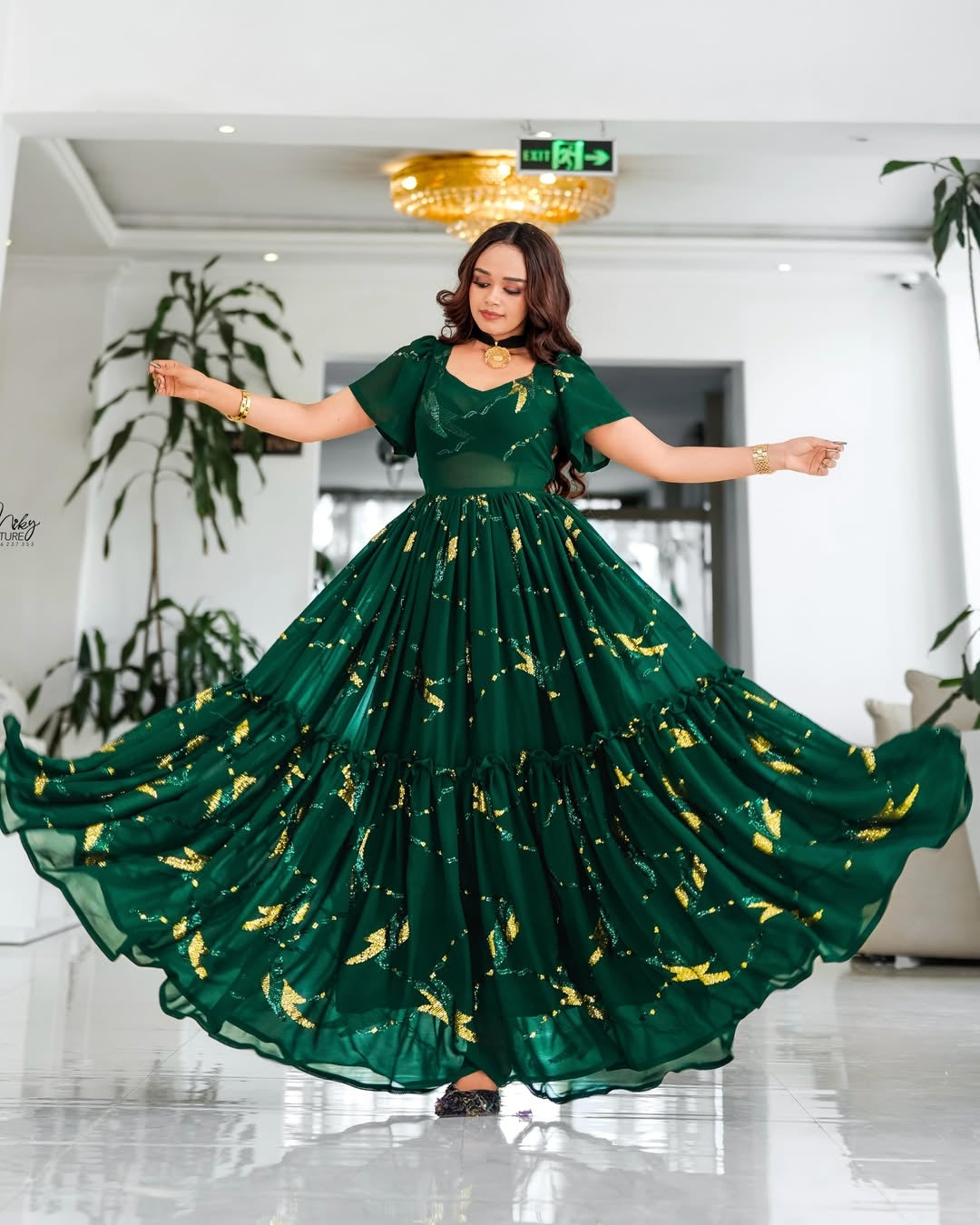 Green Habesha Chiffon Kemis – Vibrant Ethiopian Traditional Dress for – Habesha Dress Store