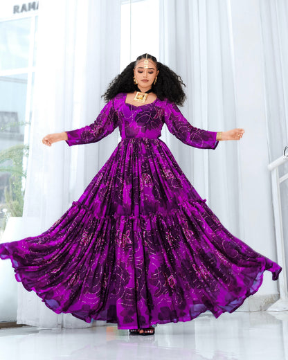 Purple habesha chiffon Lightweight  flowing fine dress for cultural events
