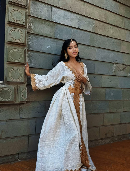 Gold Habesha Zuria – Bold Traditional Ethiopian & Eritrean Long Dress for Special Events