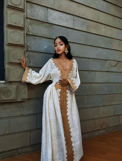 Gold Habesha Zuria – Bold Traditional Ethiopian & Eritrean Long Dress for Special Events
