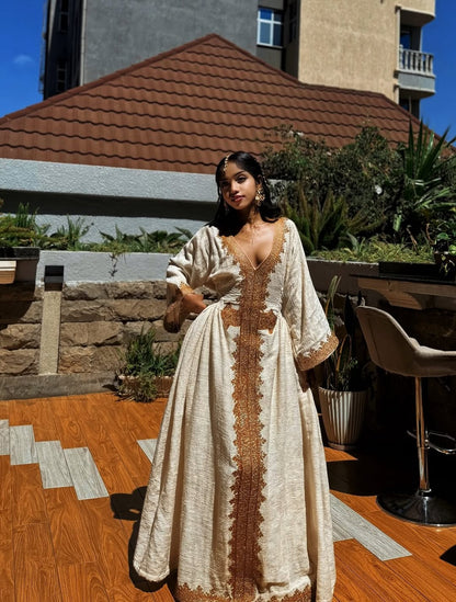 Gold Habesha Zuria – Bold Traditional Ethiopian & Eritrean Long Dress for Special Events