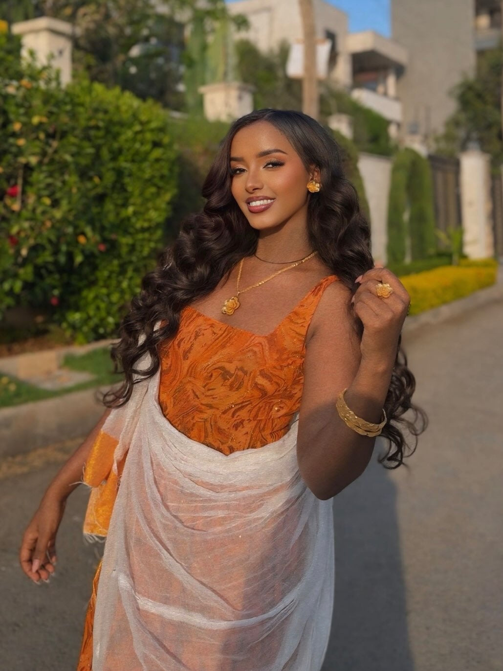 Orange Habesha shiffon – Flowing Ethiopian Chiffon Dress for Weddings & Evening Celebrations