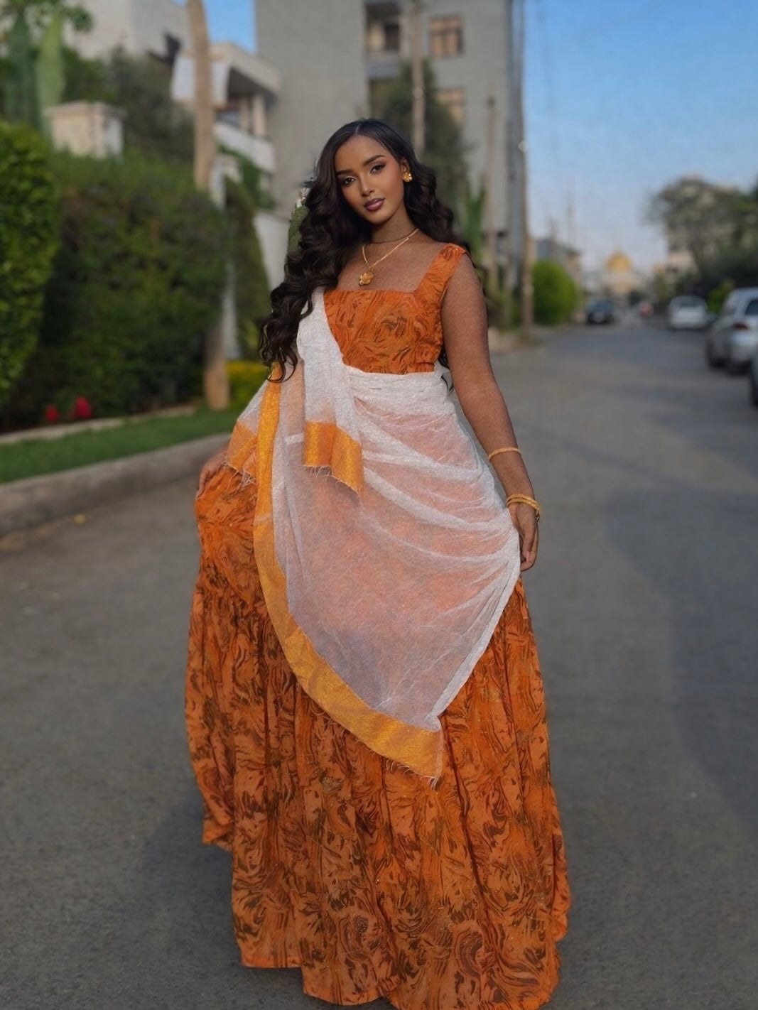 Orange Habesha shiffon – Flowing Ethiopian Chiffon Dress for Weddings & Evening Celebrations